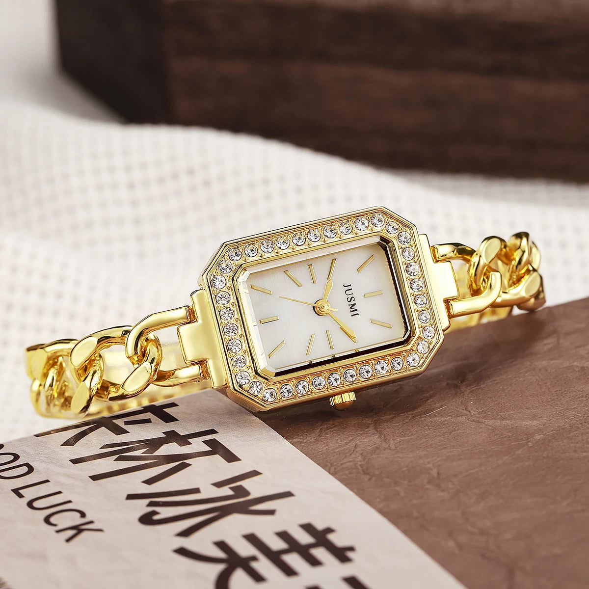 luckacco ladies' high-value fashion bar scale square dial buckle shaped steel strip inlaid with diamonds outer shell quartz watch