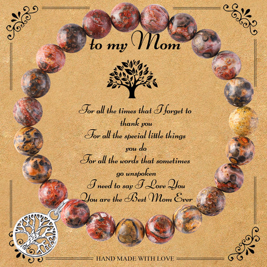 Luckacco Natural Agate Unique Design Tree of Life Beaded Bracelet Women's Jewelry Mom's Christmas Party Favor with Blessing Card
