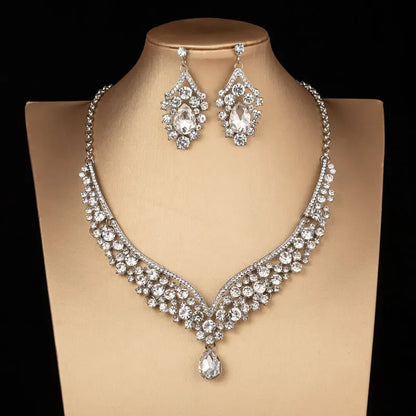 Luckacco Luxury Crystal AB Color Choker Necklace Earrings Set Rhinestone Bridal Jewelry Sets for Bride Wedding Party Costume Bijoux Femme