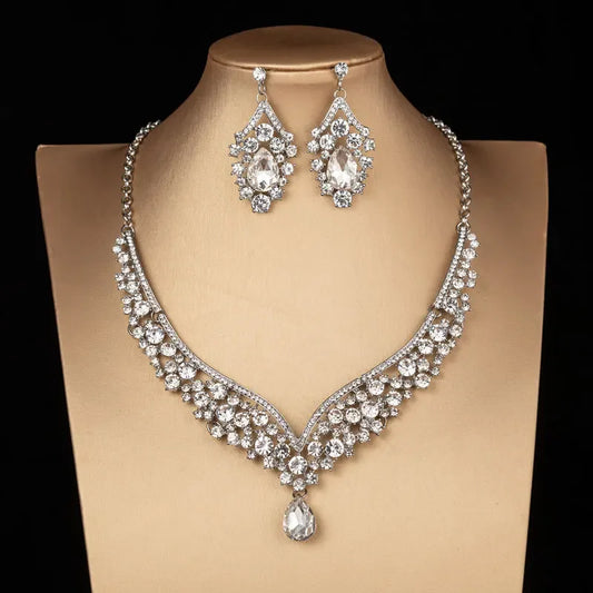 Luckacco Luxury Crystal AB Color Choker Necklace Earrings Set Rhinestone Bridal Jewelry Sets for Bride Wedding Party Costume Bijoux Femme