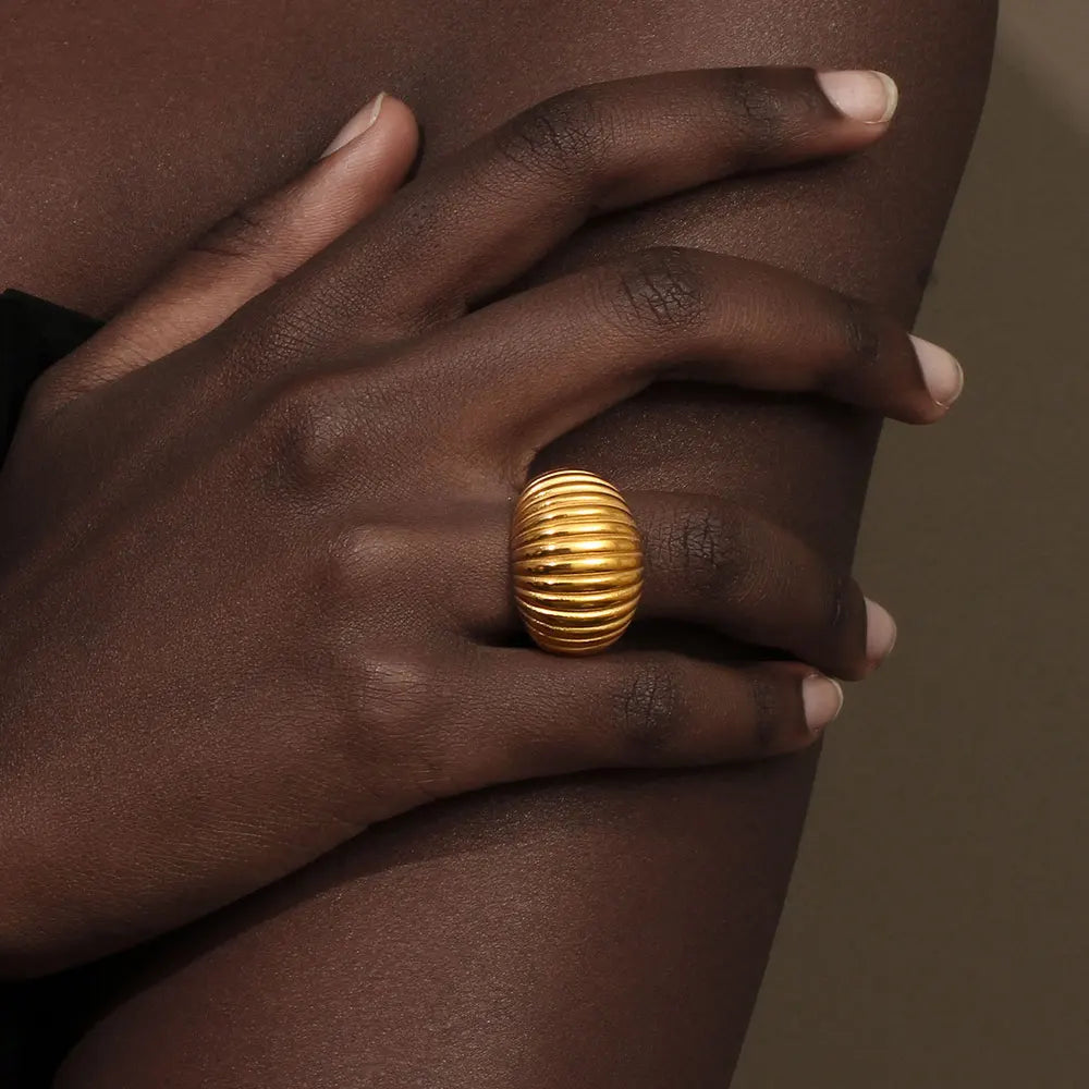luckacco e.b.belle minimalist style fat bread stripe ring 18k gold plated stainless steel party women fashion jewelry