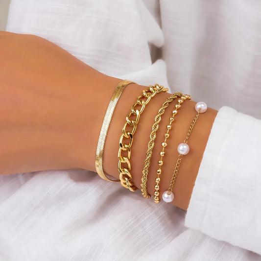 Luckacco 4pcs Set Imitation Pearl Chain Beaded Bracelet for Women New Temperament Gold Color Stainless Steel Bangle Jewelry Accessories