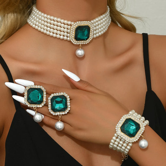 Luckacco Women's Fashion Light Luxury Short Style Imitation Pearl Rhinestone Necklace Earrings Bracelet Jewelry Set Party Festival Gift