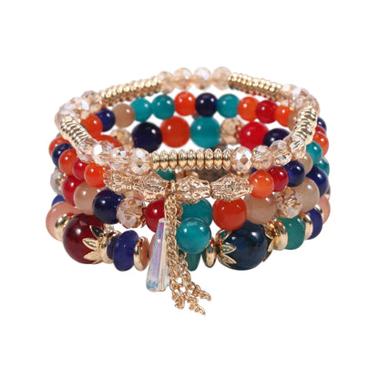 Luckacco 4 pieces/set Bohemian crystal tassel multi-layer elastic rope bracelet, handmade beaded bracelet, women's fashion accessories