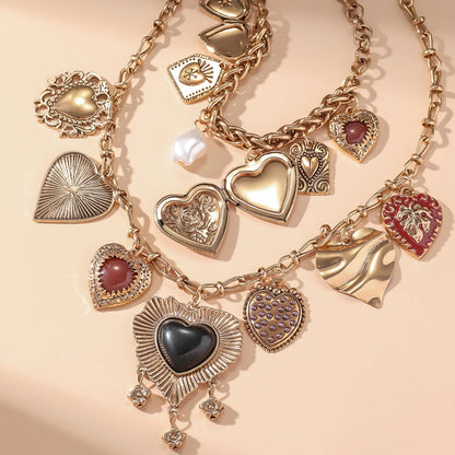 Luckacco Fashion Punk Metal Heart Pendant Necklaces for Women Vintage Double Layered Choker Chain Necklaces Luxury Party Jewelry Gifts