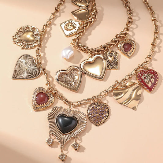 Luckacco Fashion Punk Metal Heart Pendant Necklaces for Women Vintage Double Layered Choker Chain Necklaces Luxury Party Jewelry Gifts