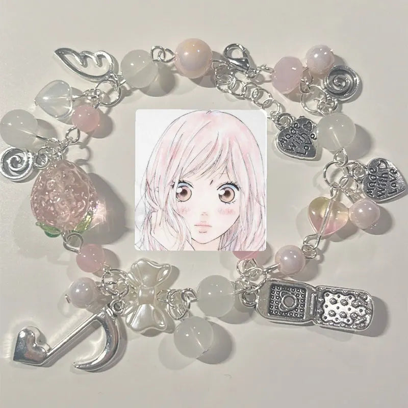 luckacco handmade pink strawberry note phone charm lovely bracelet gorgeous romantic coquettish bracelet