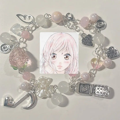 Luckacco Handmade Pink Strawberry Note Phone Charm Lovely Bracelet Gorgeous Romantic Coquettish Bracelet