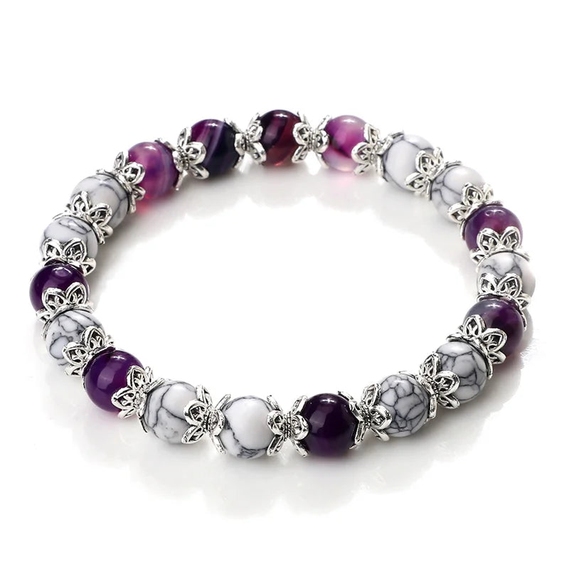 luckacco 8mm white howlite stone women bracelet metal spacer charm natural agates pink rose quartz beads bracelets for men jewelry gifts