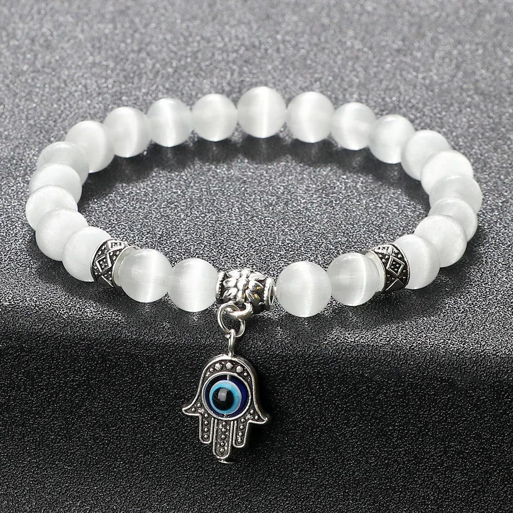 luckacco natural cat eye stone bracelet & bangle for women brief white pink opal beads yoga balance jewelry lucky wristband handmade gift