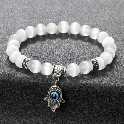 Luckacco Natural Cat Eye Stone Bracelet & Bangle for Women Brief White Pink Opal Beads Yoga Balance Jewelry Lucky Wristband Handmade Gift