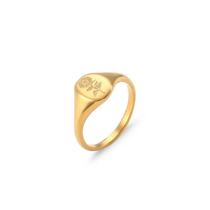 Luckacco E.B.belle Tarnish Free Stainless Steel 18k Gold Plated Engraving Wildflower Tea Leaf Lavender Sunflower Signet Rings For Women