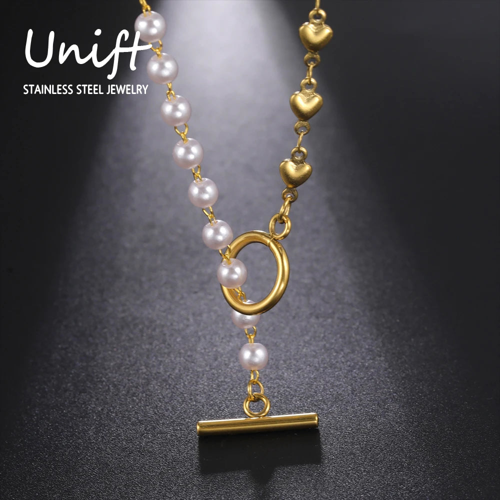 luckacco unift paperclip ot buckle pearl necklace choker half pearl half chain gold plated necklace fashion boho wedding jewelry women
