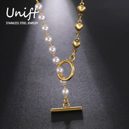 Luckacco Unift Paperclip OT Buckle Pearl Necklace Choker Half Pearl Half Chain Gold Plated Necklace Fashion Boho Wedding Jewelry Women