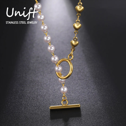 Luckacco Unift Paperclip OT Buckle Pearl Necklace Choker Half Pearl Half Chain Gold Plated Necklace Fashion Boho Wedding Jewelry Women