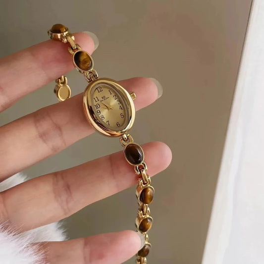 Luckacco Luxury Vintage Quartz Women's Watches Fashion Natural Green Jade Bracelet Clock Numerals Small Oval Dial Watch Woman Accesories