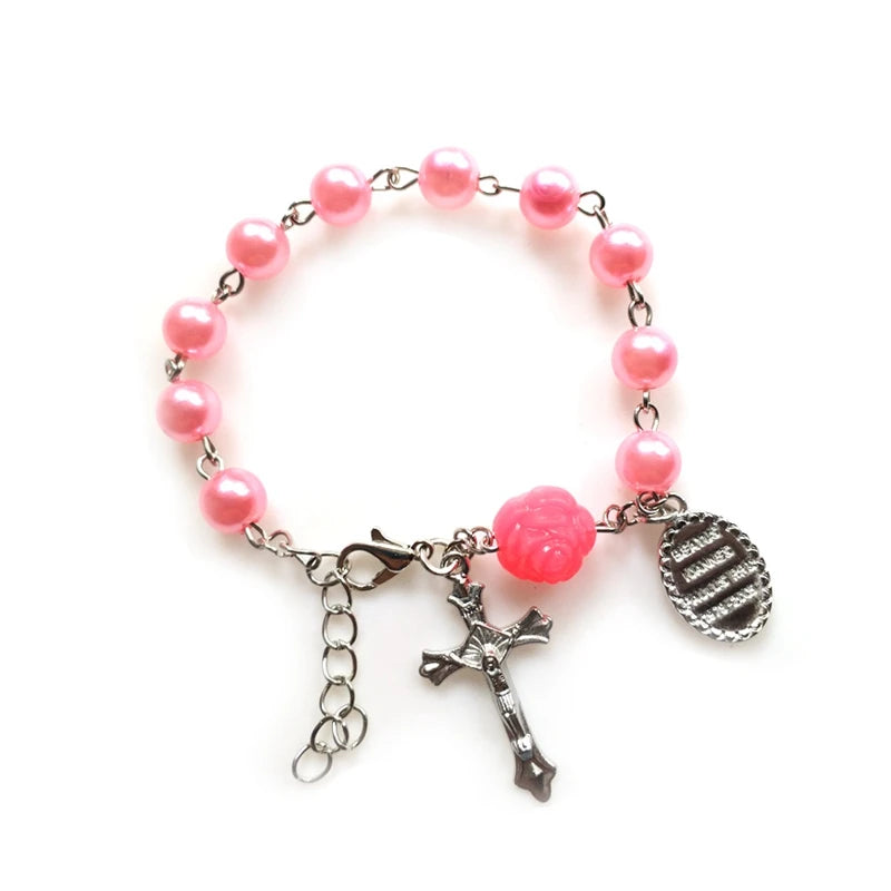 luckacco qigo imitatial pearl bracelets acrylic beads rose cross strand jewelry white pink