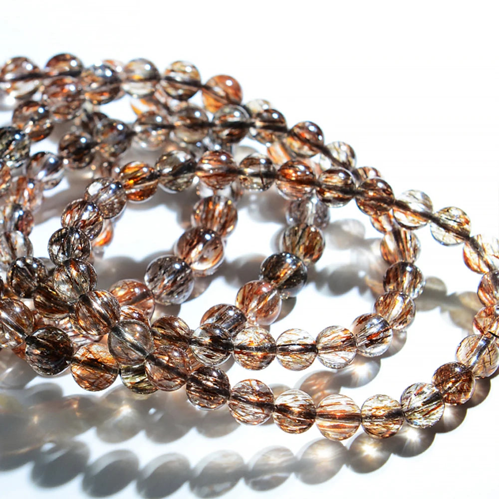 luckacco natural black golden super seven bracelet hair rutilated bracelet jewelry for woman crystal round beads stone stretch bracelet