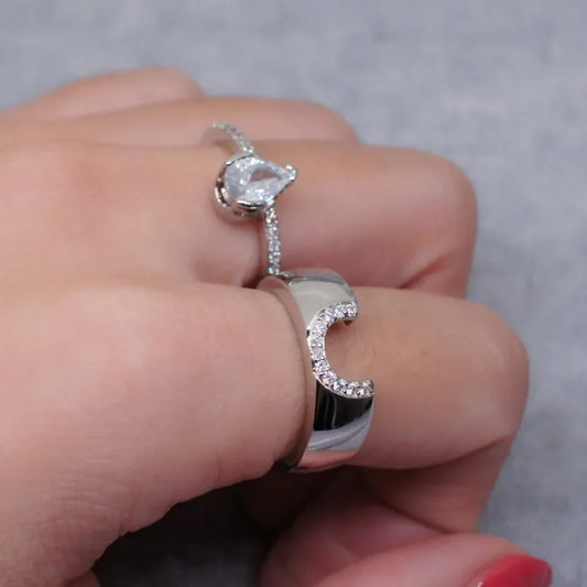 Luckacco Exquisite Women Silver Color Waterdrop Metal Inlaid White Round Zicron Stones Ring Set Wedding Engagement Rings Jewelry