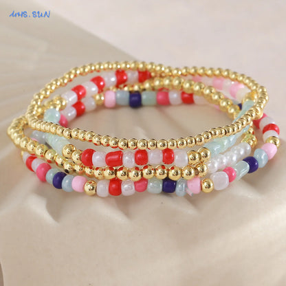 Luckacco MHS.SUN New Bohemian Gold Plated Metal Beaded Bracelets Colorful Rice Beads Bracelet Birthday Party Jewelry For Women Men