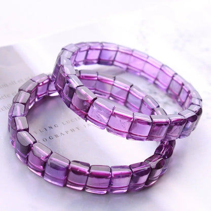 Luckacco Natural Purple Amethyst Quartz Clear Rectangle Bracelet 9x9mm Rectangle Beads Amethyst Women Men Stretch Purple Amethyst AAAAA