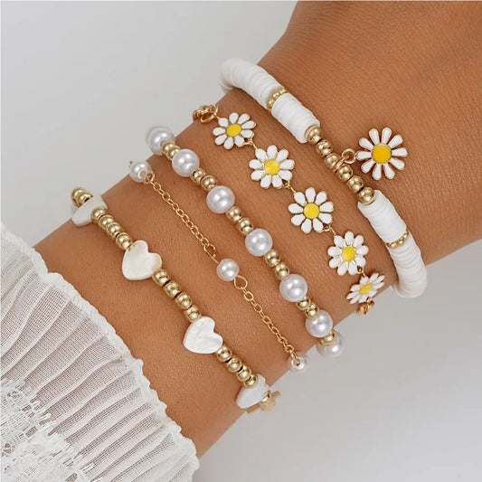 Luckacco 5pcs Set Charm Daisy Flower Pearl Heart Bracelet for Women Personality Trendy Multilayer Gold Color Zircon Jewelry Set Gift