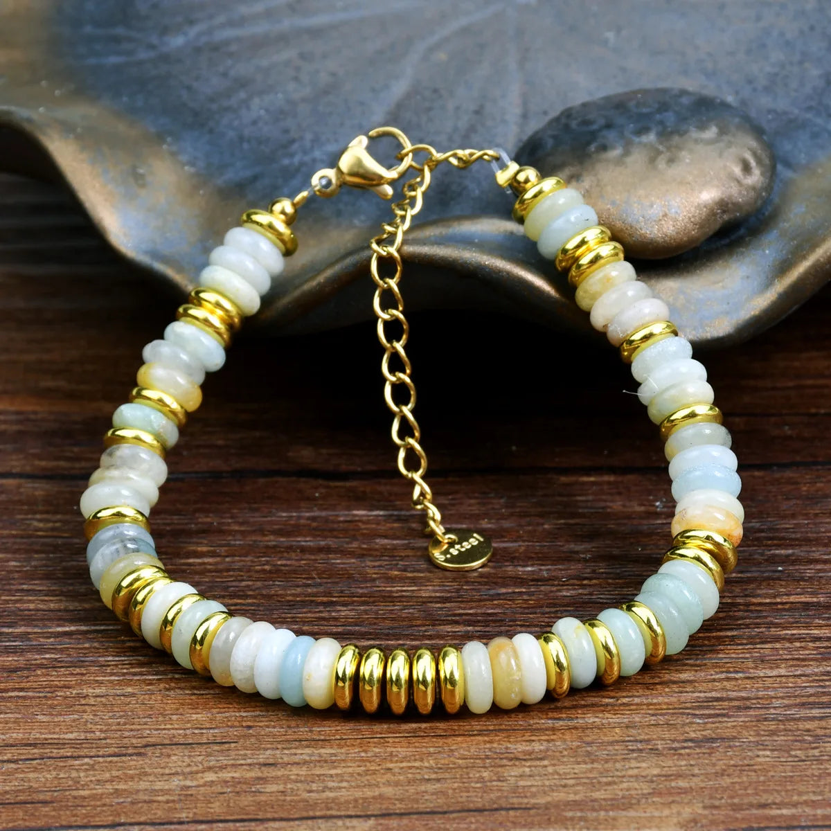 luckacco fashion dopamine colored natural stone adjustable bead bracelets women's light luxury high-end pebble bracelet jewelry