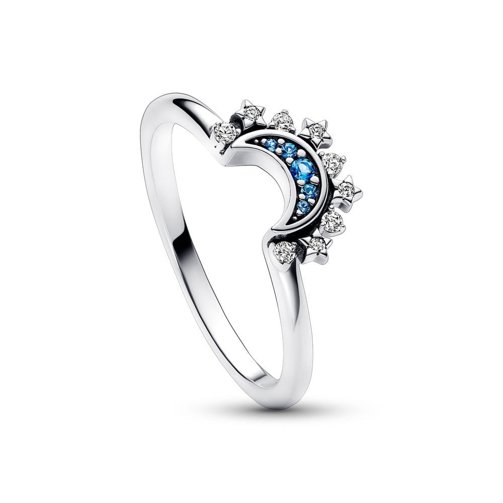 2023 New In Summe Rings Celestial Blue Sparkling Moon And Sun Ring For Women Stackable Finger Band Fashion Silver 925 Jewellry - luckacco