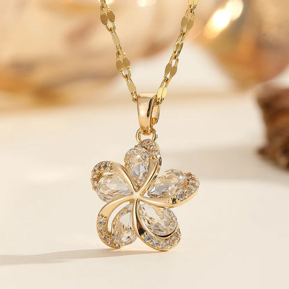 Luckacco DIEYURO 316L Stainless Steel Green Zircon Flowers Pendant Necklace For Women New Luxury Girls Lucky Chain Birthday Jewelry Gifts