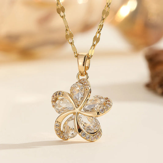 Luckacco DIEYURO 316L Stainless Steel Green Zircon Flowers Pendant Necklace For Women New Luxury Girls Lucky Chain Birthday Jewelry Gifts