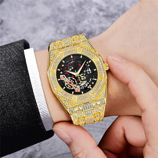 Luckacco Luxury Genuine Brand Watches For Men Hip Hop Diamond Fashion Alloy Band Date Vintage Skeleton Designer Quartz Watch Montre Homme