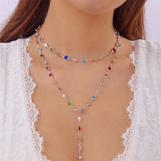 Luckacco Trendy Gold Silver Color Glass Long Y-Shaped Necklace Metal Collarbone Chain Summer Holiday Party Bohemian Body Jewelry Gifts