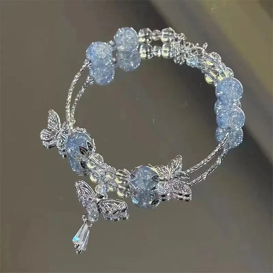 Luckacco Light Luxury Purple Glass Crystal Beaded Bracelets for Women Chic Butterfly Tassel Pendant Bracelets Sweet Girl Wrist Jewelry