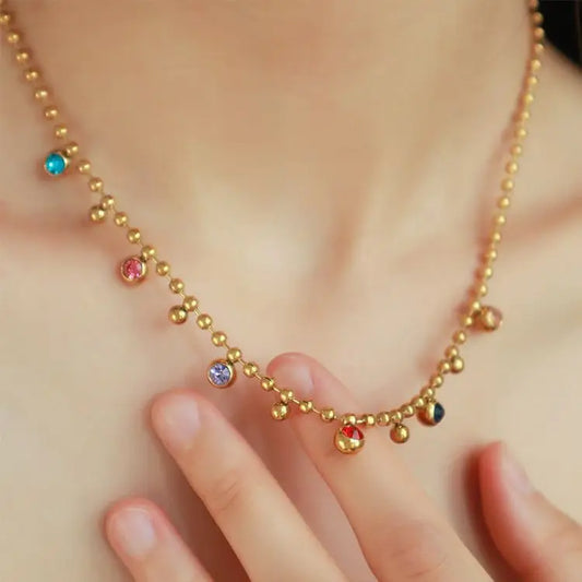 Luckacco 316L Stainless Steel Multicolor Crystal Zircon Necklace For Women Fashion Lady Ball Chain Wedding Party Jewelry Gifts