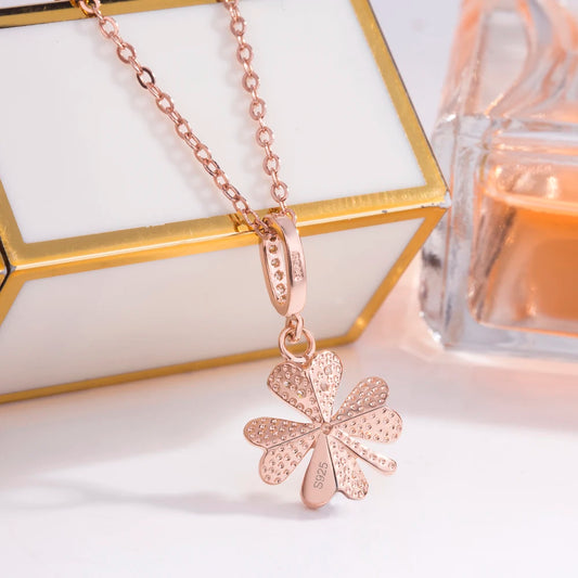 Luckacco Vintage Elegant Flower & Four-leaf Clover Pendant Necklace for Women Shiny Zircon 925 Sterling Silver Clavicle Chain Jewelry