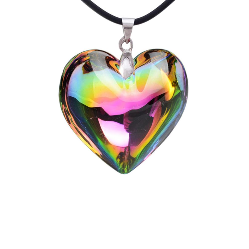 Unique Clear White gradually-changed color Crystal Glass Heart Pendant & Chain Necklace Angel Aura rainbow heart necklace - luckacco