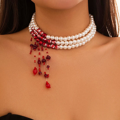 Luckacco Multilayer Vintage Red Blood Pattern Imitation Pearl Tassel Pendant Necklace for Women Goth Crystal Bead Chain Halloween Jewelry
