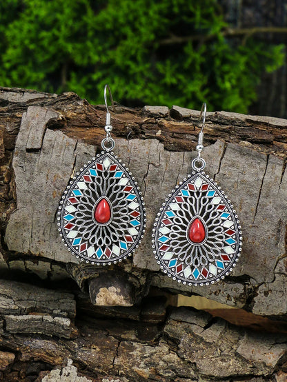 Luckacco Ethnic Feng Shui Droplet Hollow Colored Glazed Earrings for Women Bohemian Vacation Short Necklace Jewelry Set