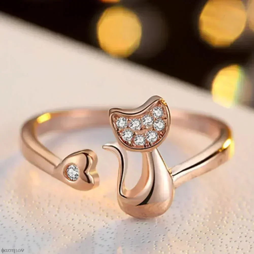 luckacco charm crystal top quality cubic zirconia crystal inlaid cute animal cat ring for women girls fashion animal anillo de mujer open