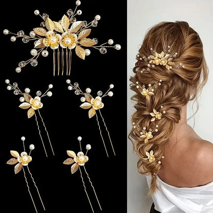 Luckacco 5 Pcs Crystal Luxury Hair Accessories Set Sweet Romantic Women's Bride Party Wedding Accessories Jewelry Hair Clip Hair Comb Set