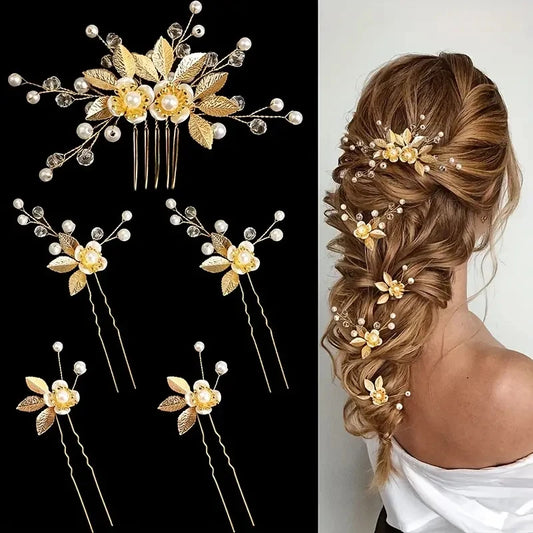 Luckacco 5 Pcs Crystal Luxury Hair Accessories Set Sweet Romantic Women's Bride Party Wedding Accessories Jewelry Hair Clip Hair Comb Set