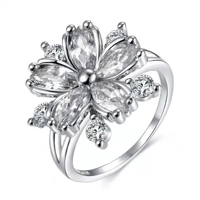 luckacco cute female pink crystal stone ring charm silver color thin wedding rings for women dainty bride flower zircon engagement ring