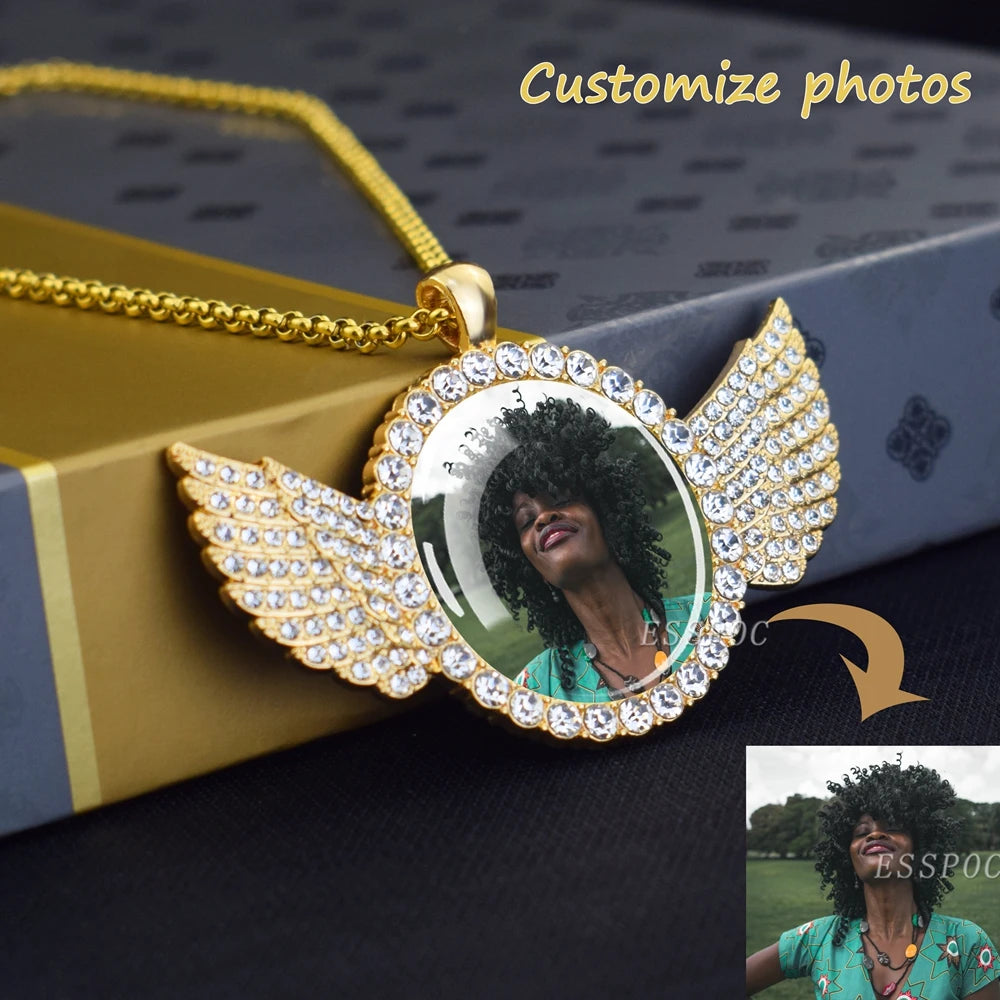 luckacco custom necklace personalized photo picture angel wings rhinestone pendant chains necklaces creative fashion hip hop jewelry gift