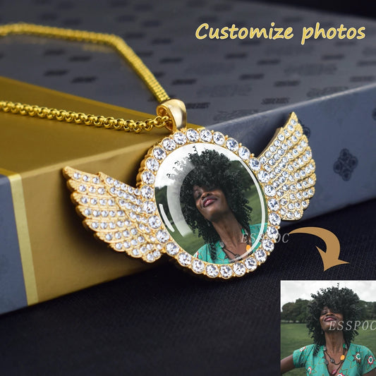 Luckacco Custom Necklace Personalized Photo Picture Angel Wings Rhinestone Pendant Chains Necklaces Creative Fashion Hip Hop Jewelry Gift