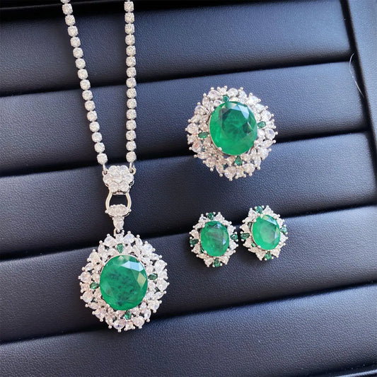 Luckacco Valuable Lab Jade Diamond Jewelry set 925 Sterling Silver Engagement Wedding Rings Earrings Necklace For Women Bridal Party Gift