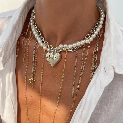 Luckacco Multi-layered Pearl Necklace for Women Party Y2K Trendy Clavicle Chain Fashion Heart Pendant Jewelry Accessories Gifts