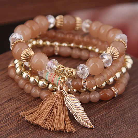 Luckacco DIEZI Korean Ethnic Bohemian Crystal Beads Leaves Charm Bracelets For Women Girls Elastic Rope Wrap Bracelet Pulseira Feminina