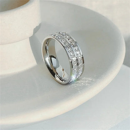 Luckacco Luxury Rose Gold Double Rowed Square Zircon Stainless Steel Ring Women's Romantic Engagement Wedding Party Jewelry Women Gift