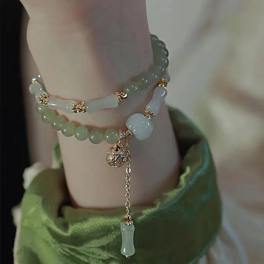 Luckacco Hetian Jade Bamboo Knot Bracelet - Neo-Chinese Vintage Style Premium Gold Silk Jade Pumpkin Bead Handchain