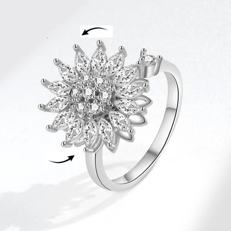 luckacco fashion fidget spinner ring anxiety for women multiple crystal sunflower finger rings rotate anti stress jewelry wedding gift